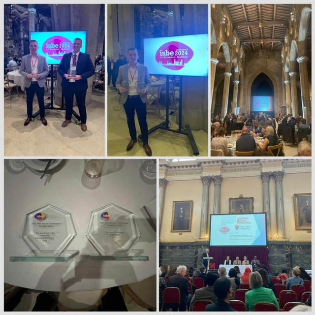 Collage of images of Dafydd winning award.